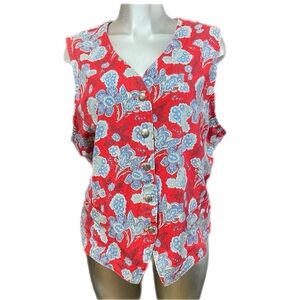 Vintage Floral Vest Plus Size 2X USA Made Patriotic Button Down Cotton Country
